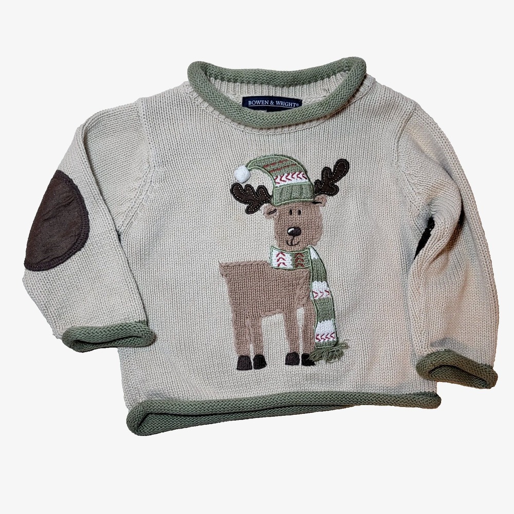 Bowen & Wright Tan Cotton Knit Sweater‎ Applique Moose Elbow Pads 12M
